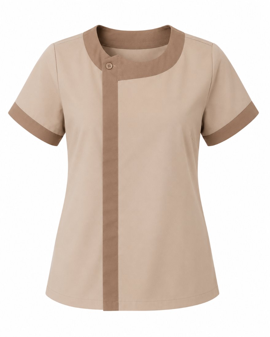 Blusa de servicio para dama bicolor en tonos beige