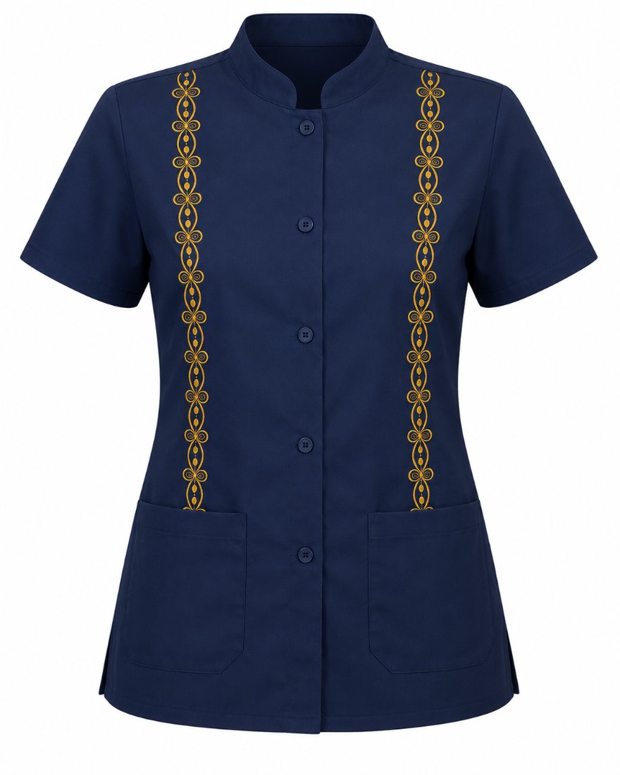 Filipina de dama azul marino con bordado dorado