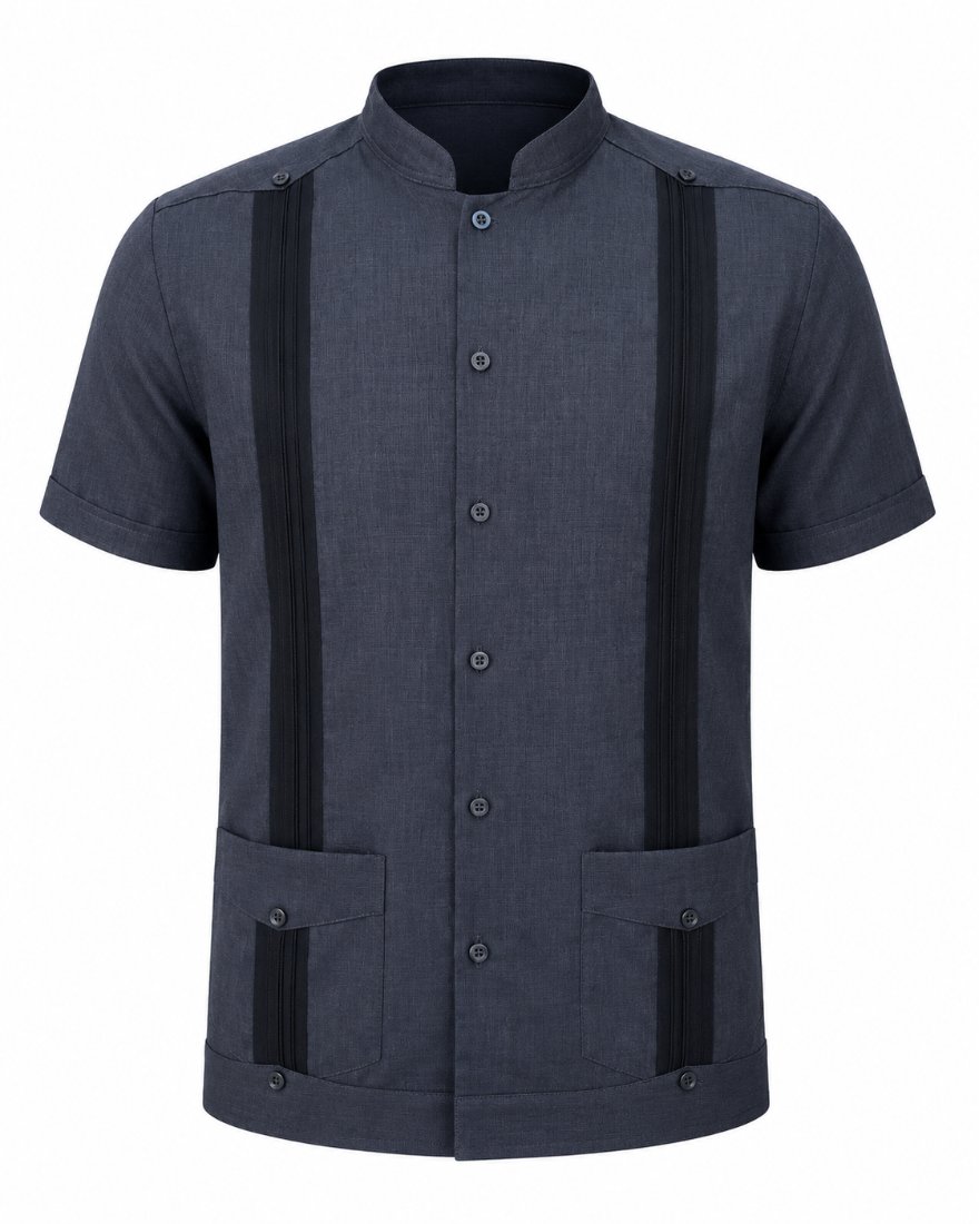 Guayabera de lino en gris azulado, cuello mao